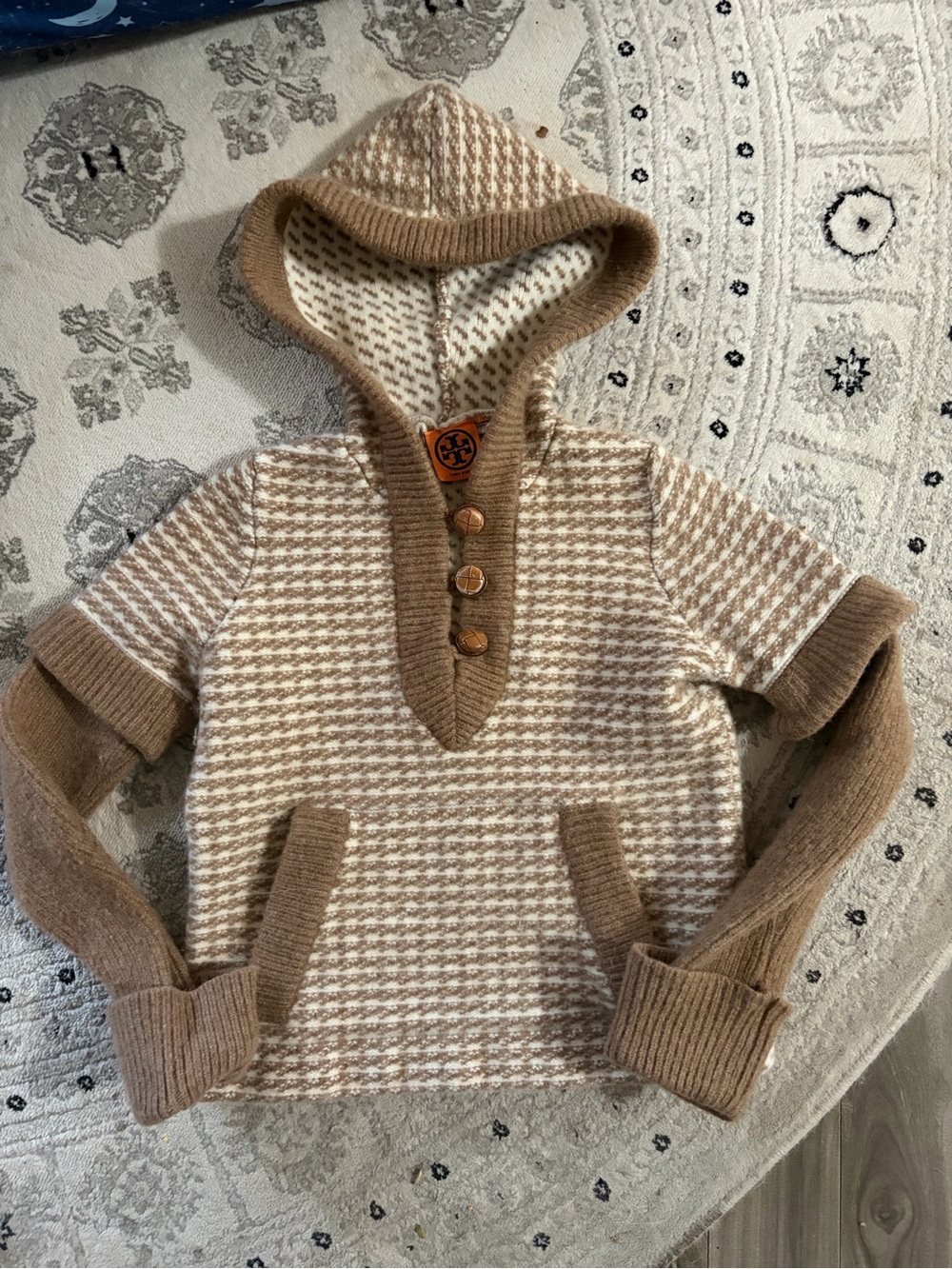 Tory Burch Hooded Knit Pullover in Beige and Cream